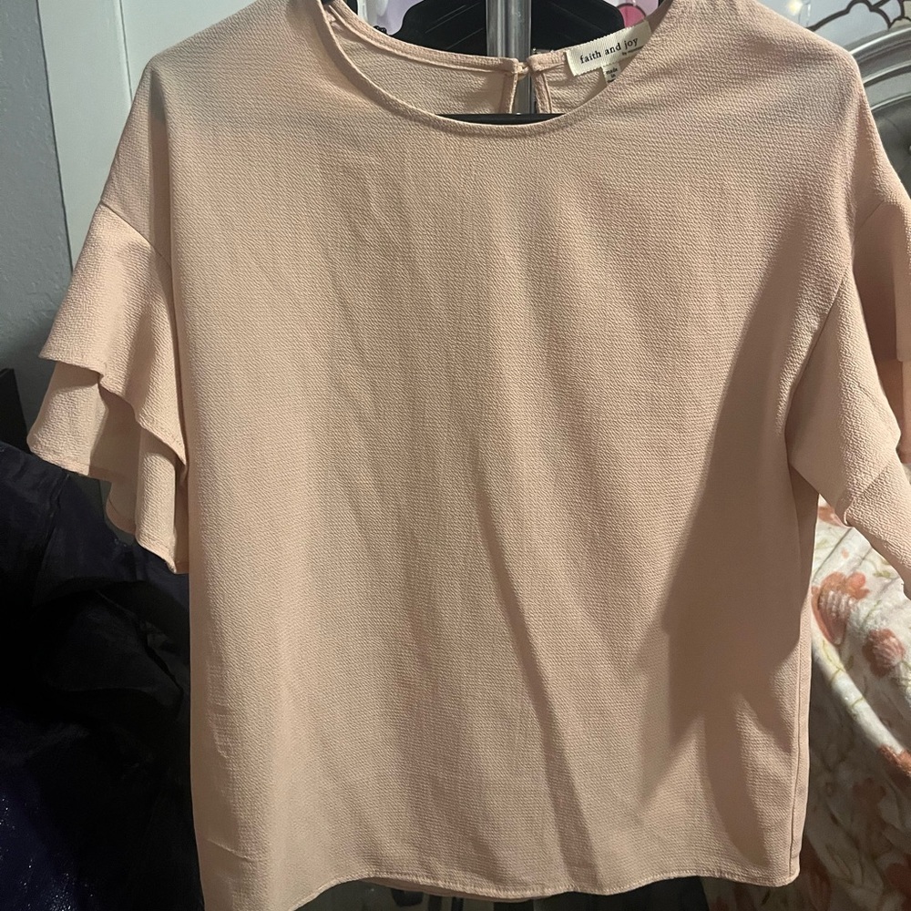 Faith and Joy Blush Ruffle Sleeve Blouse Petite Medium